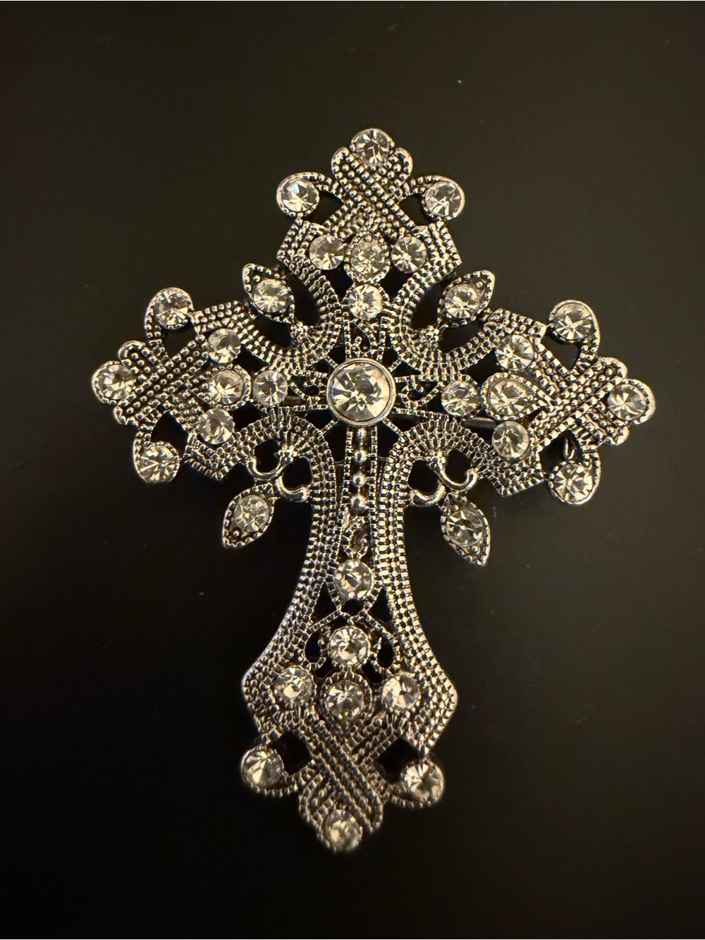 Rhinestone Crystal Cross Brooch - Silver Tone